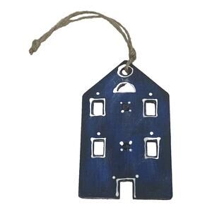 Blue Scandinavian 4 1/2” House Ornament Decoration Handpainted Wood Rustic Decor